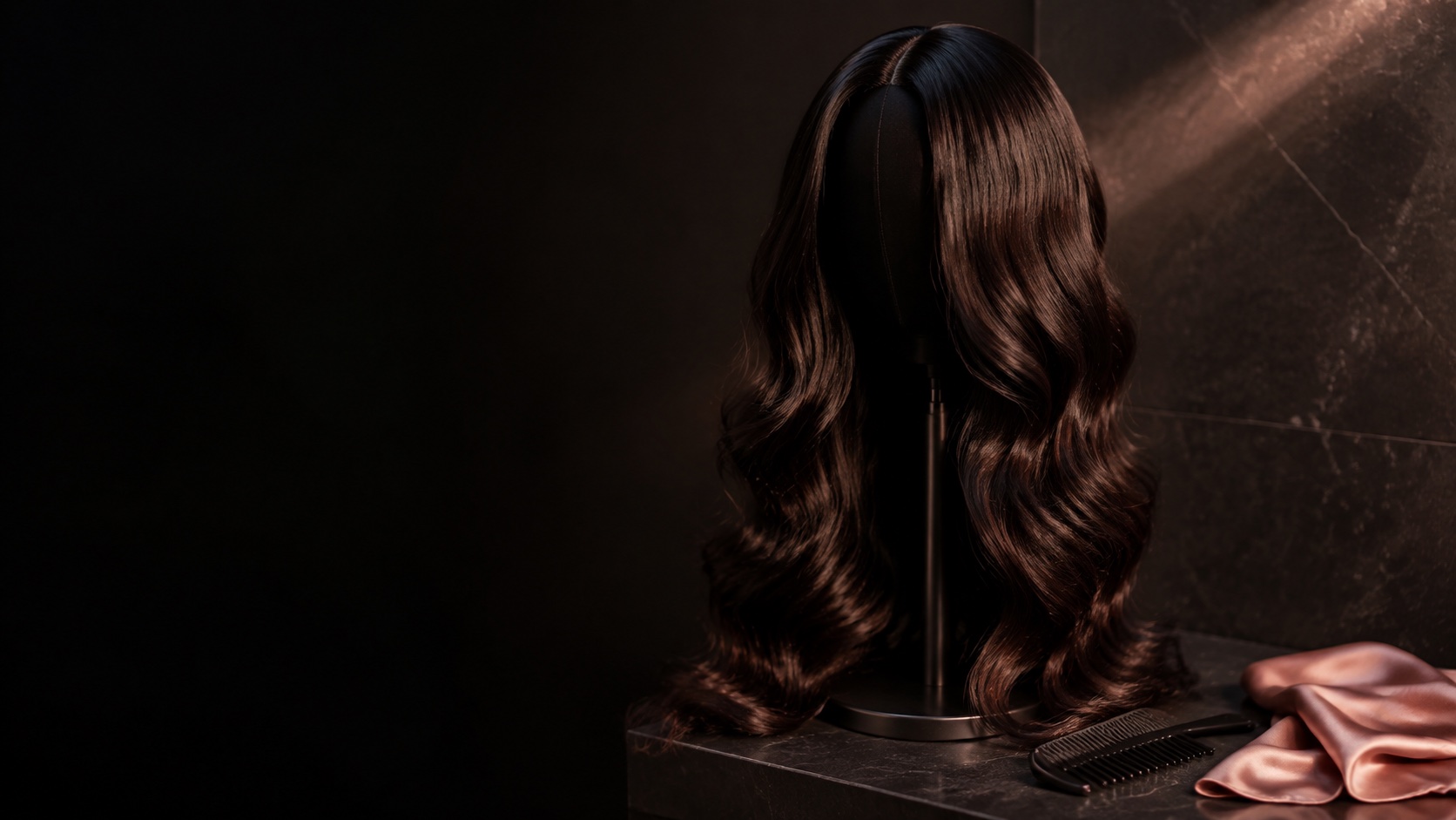 Editorial wig-care still life with a dark wavy wig, wide-tooth comb and blush satin cloth