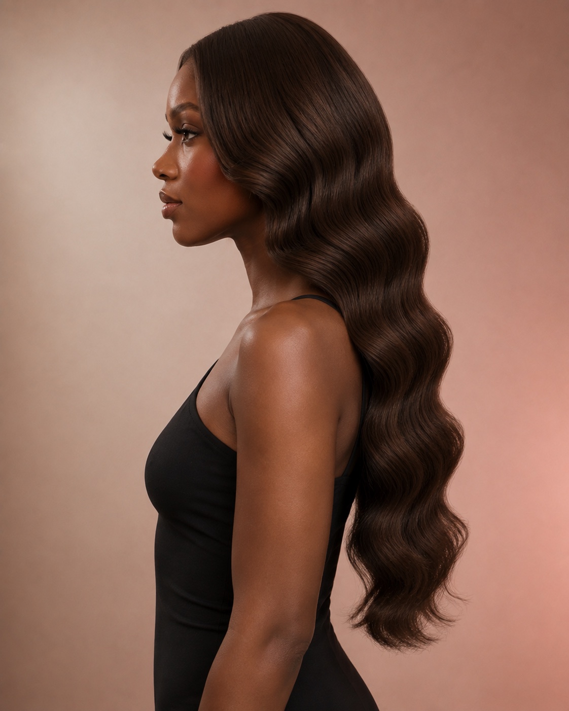 Illustrative Brown Body Wave Human Hair Wig, alternate side model view