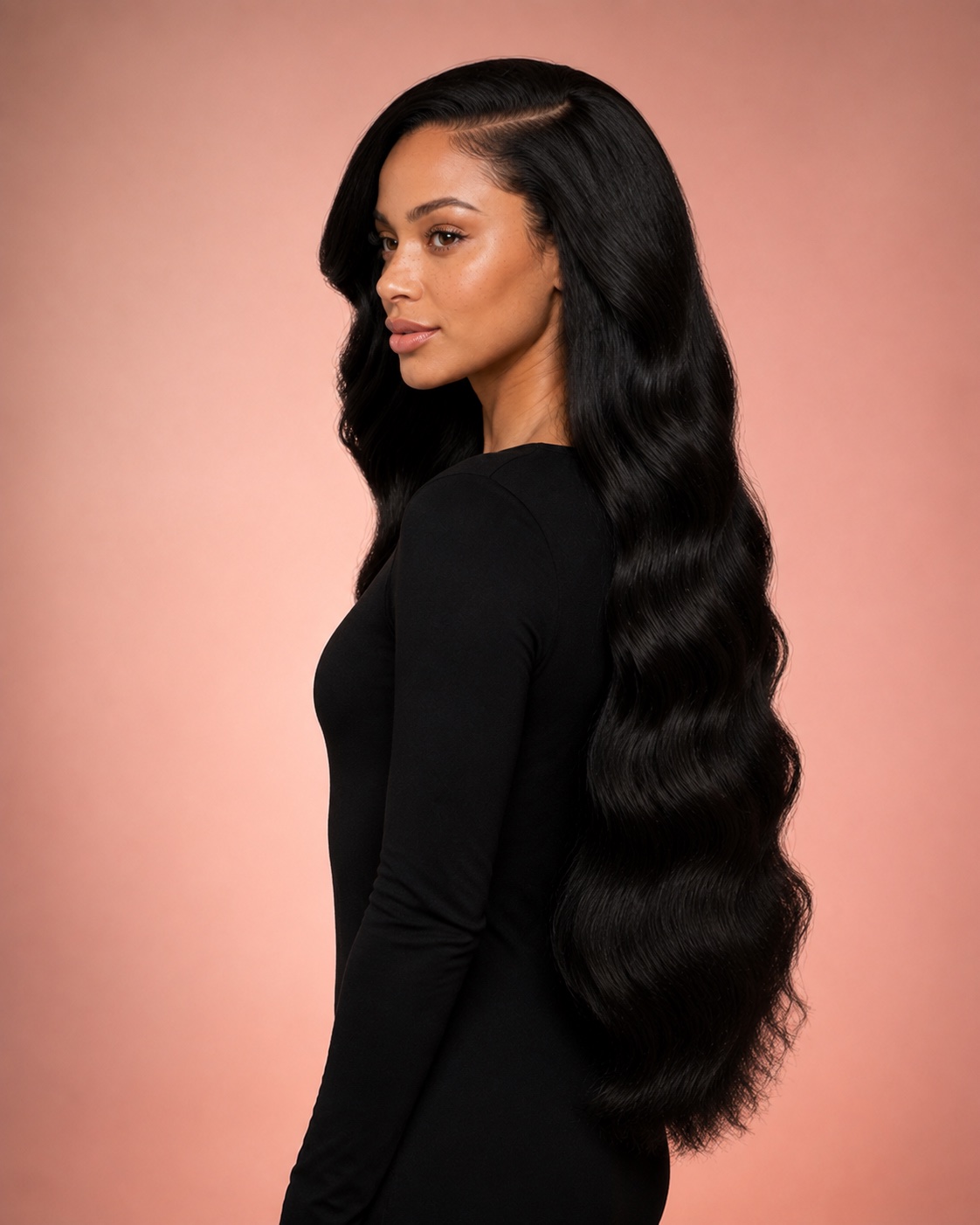 Illustrative Black Body Wave Human Hair Wig, left-facing three-quarter model view
