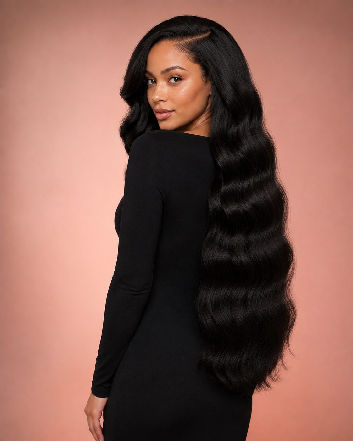 Illustrative Black Body Wave Human Hair Wig, over-shoulder three-quarter model view