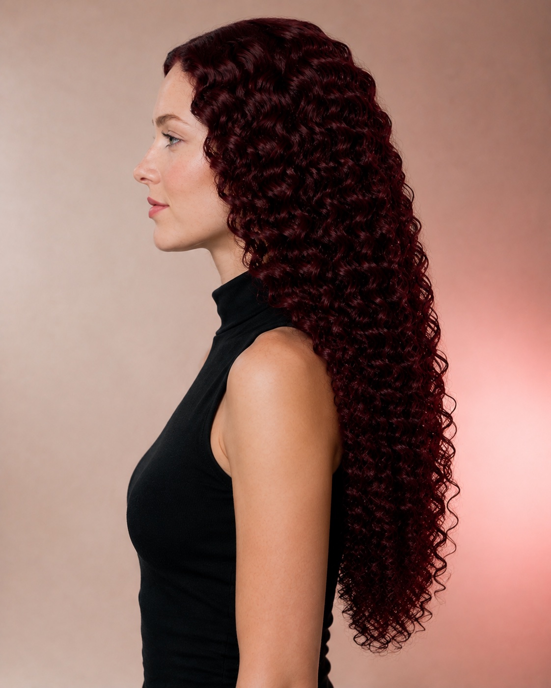 Illustrative Burgundy Deep Wave Human Hair Wig, alternate side model view