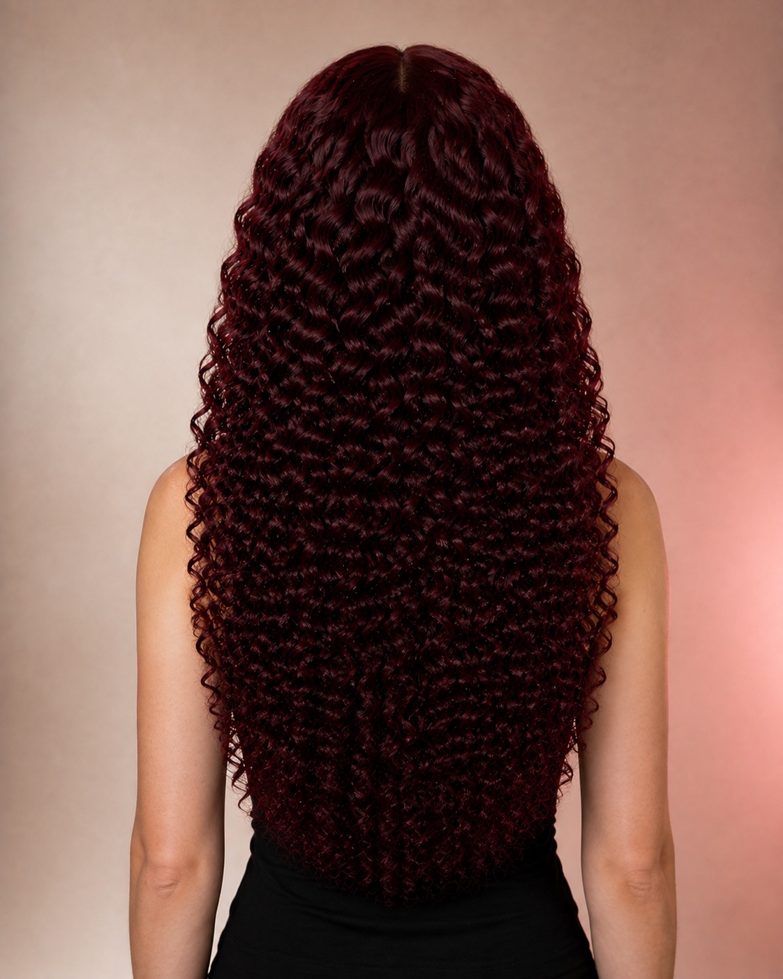 Illustrative Burgundy Deep Wave Human Hair Wig, rear-angle model view