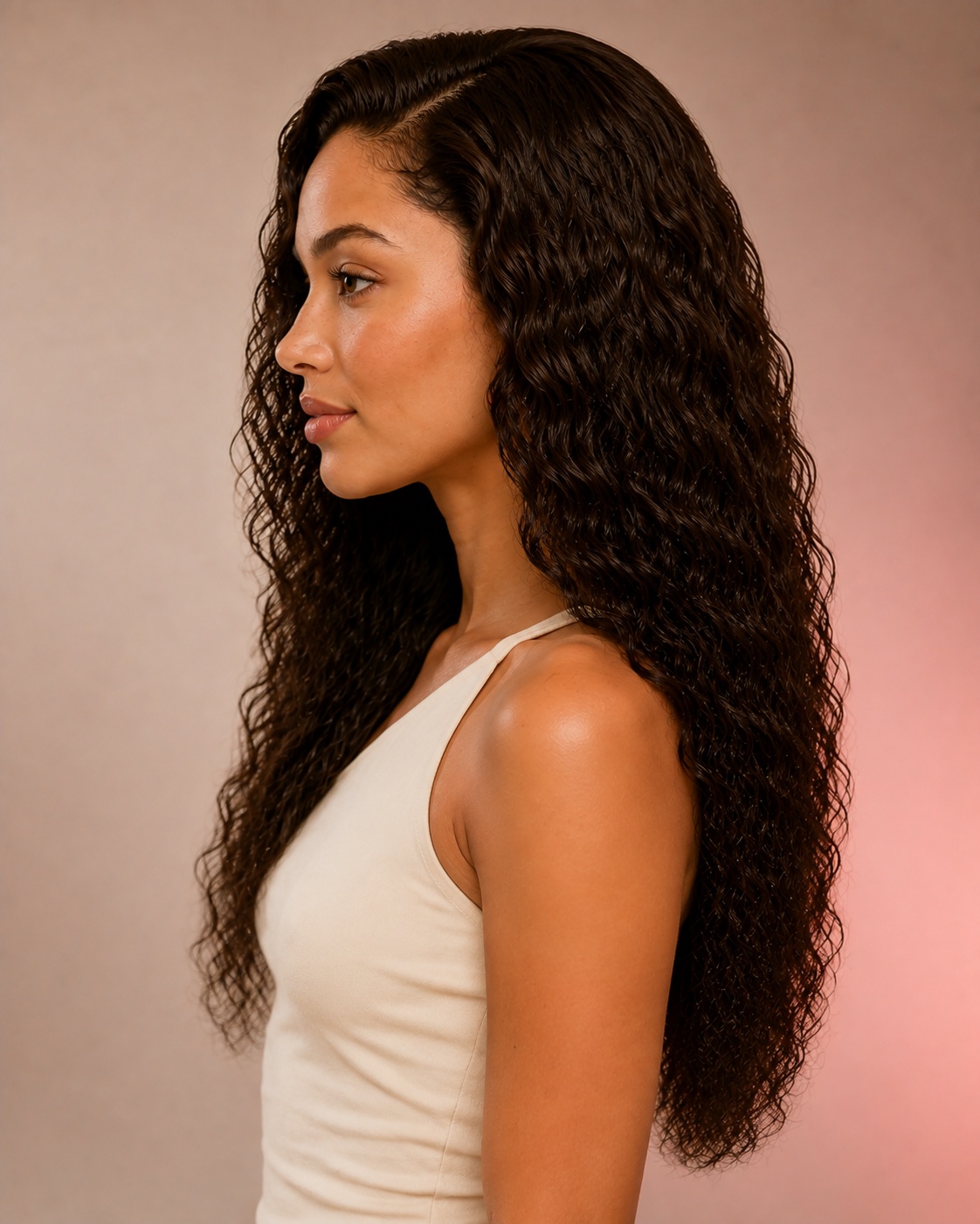 Illustrative Brown Water Wave Human Hair Wig, alternate side model view