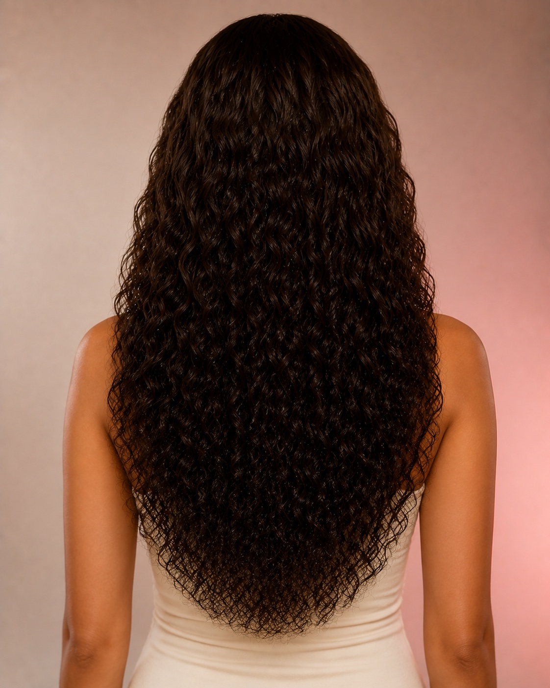 Illustrative Brown Water Wave Human Hair Wig, rear-angle model view