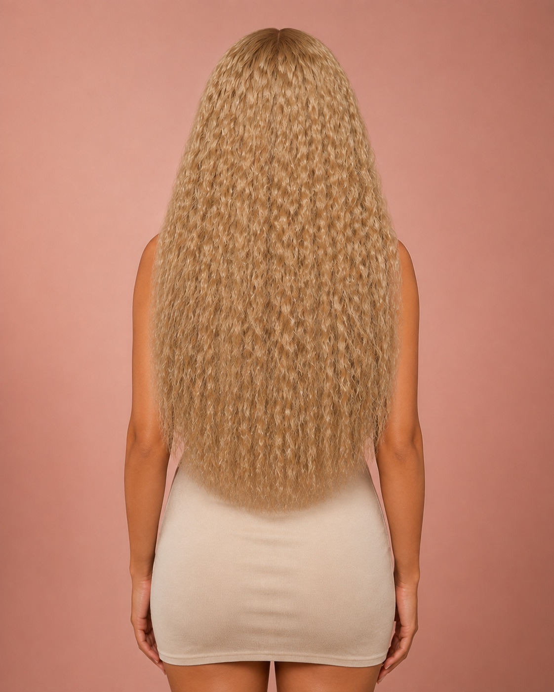 Illustrative Blonde Crimp Human Hair Wig, rear-angle model view